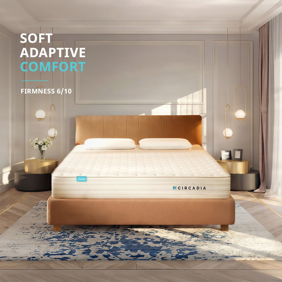 Circadia mattress on a bed in a modern bedroom with soft adaptive comfort text.