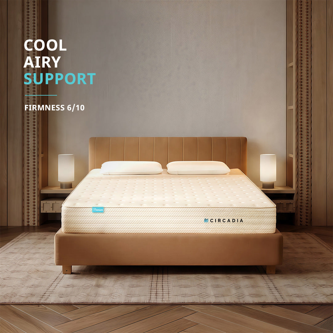 Circadia mattress on a bed with 'Cool Airy Support' text in a bedroom setting