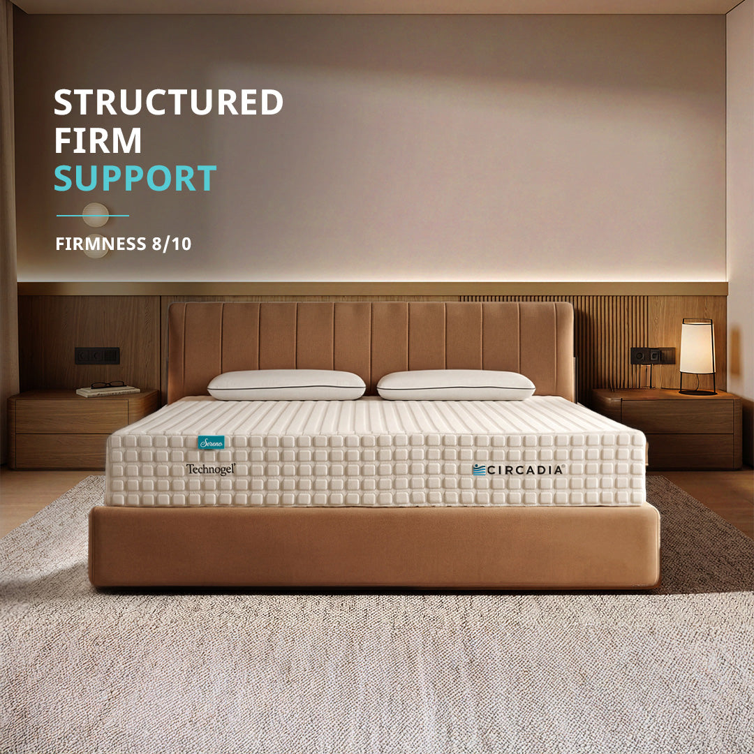 Bed with 'Circadia' mattress in a bedroom setting, highlighting 'Structured Firm Support'.