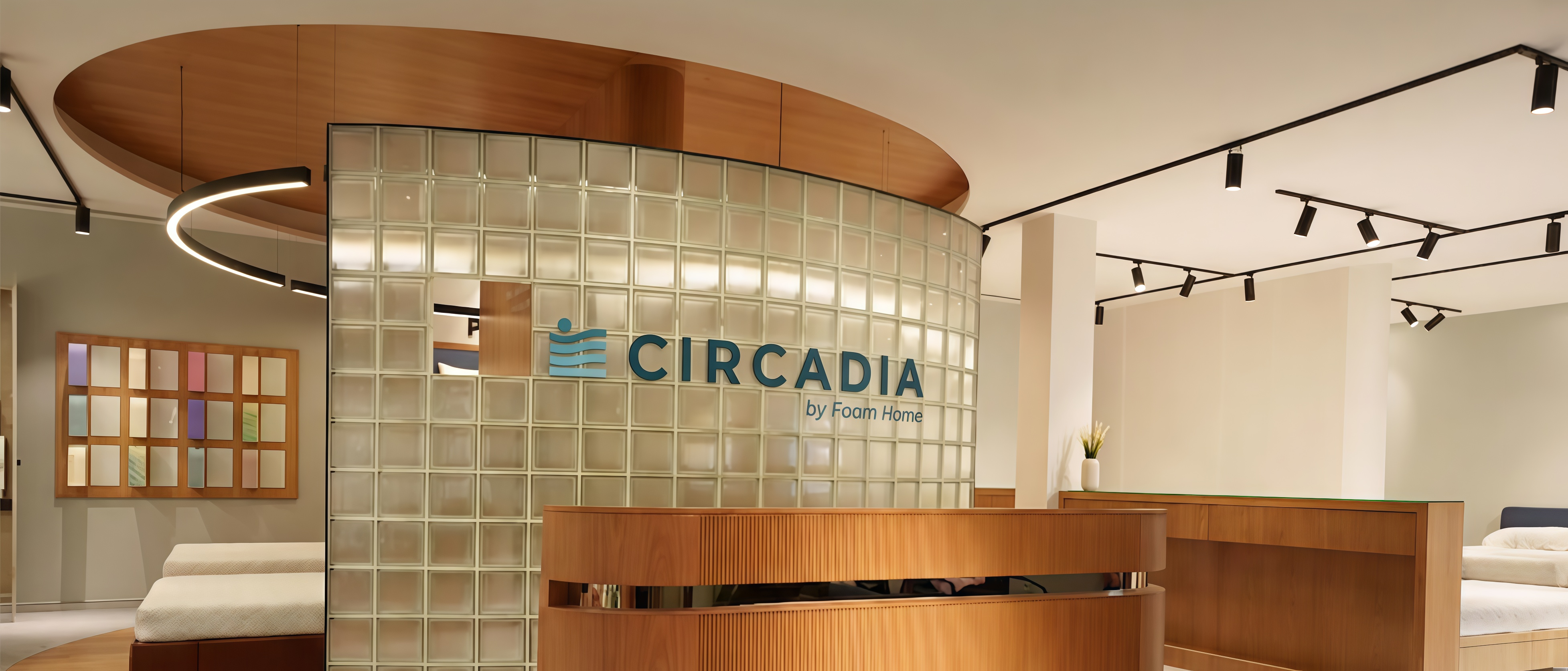Circadia office interior with reception desk and glass wall displaying the brand logo.
