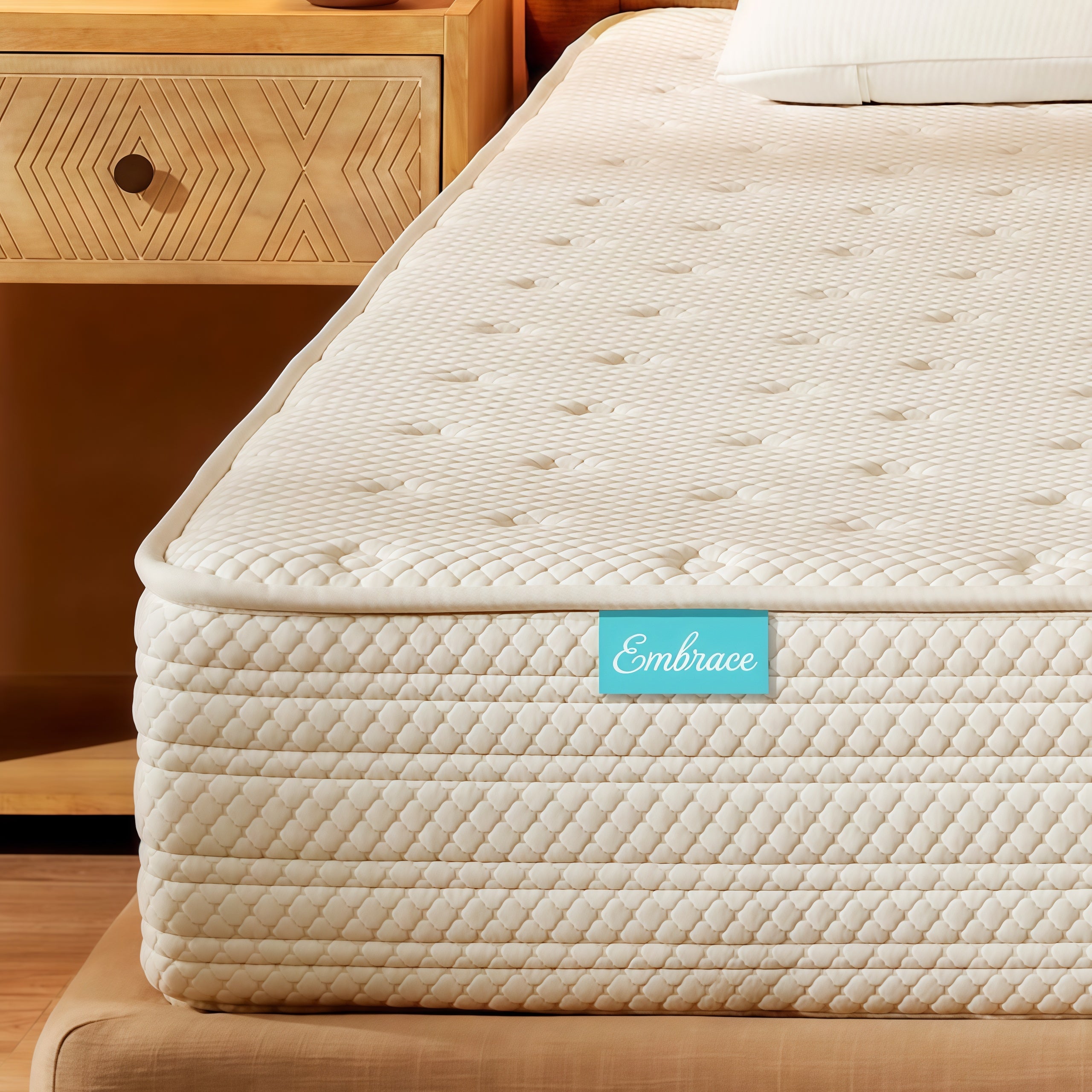 Beige mattress with 'Embrace' label on a wooden bed frame.