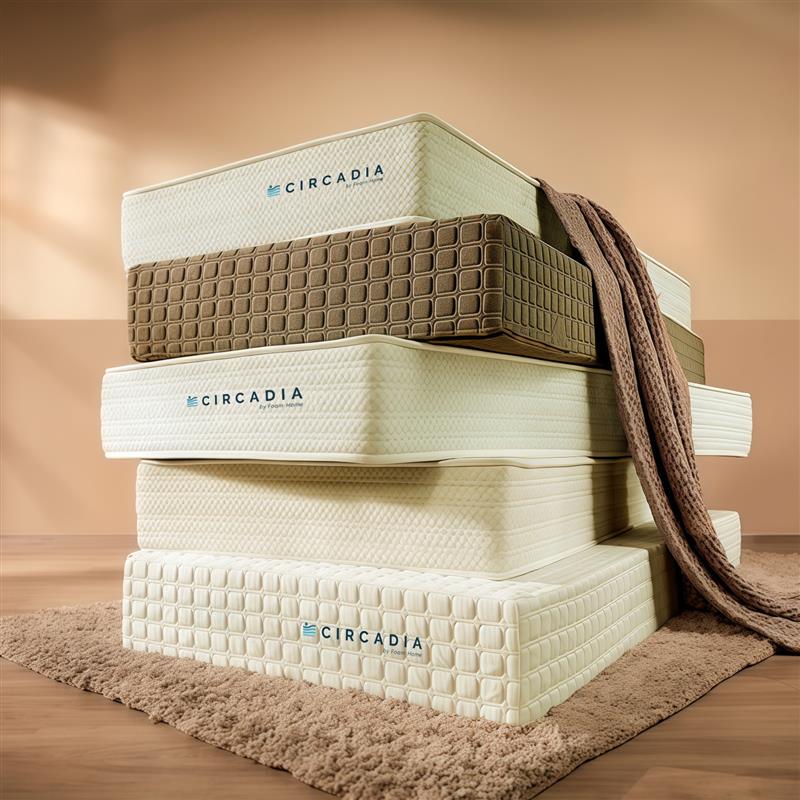 Stack of Circadia mattresses on a wooden floor with a brown rug.