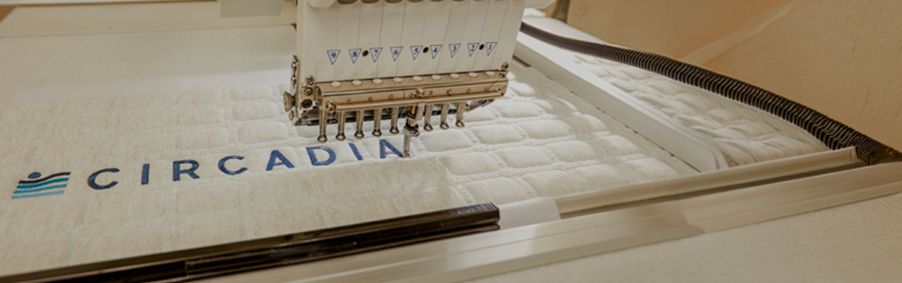 Model of a building with 'Circadia' branding on a wooden surface