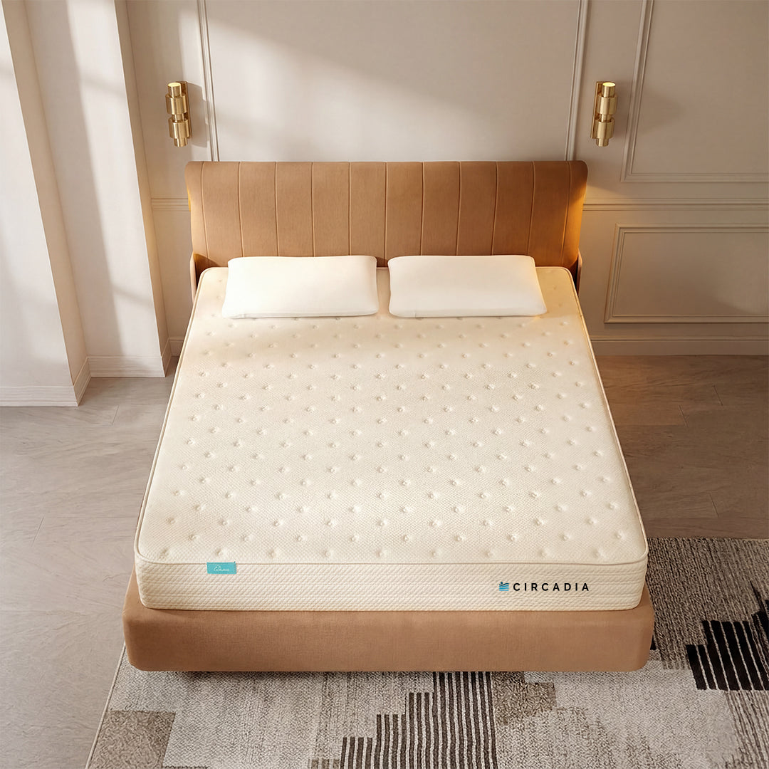 Beige bed with Circadia mattress in a bedroom setting