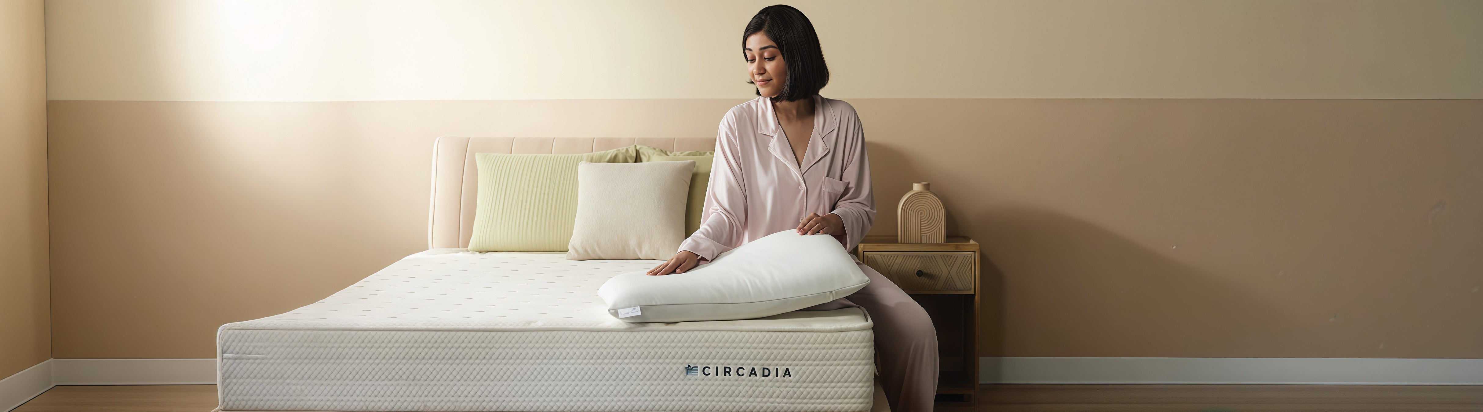 Woman sitting on a bed with a Cireboda mattress, holding a pillow.