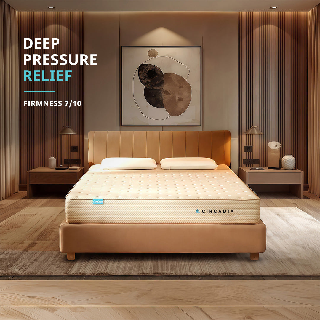 Beige mattress on a bed in a modern bedroom with 'Circadia' branding.