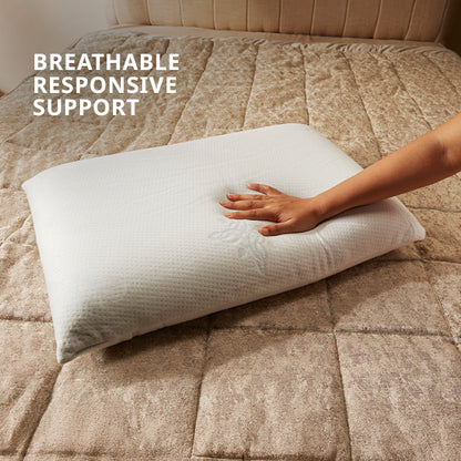 White pillow on a beige bed with text 'Breathable Responsive Support'.