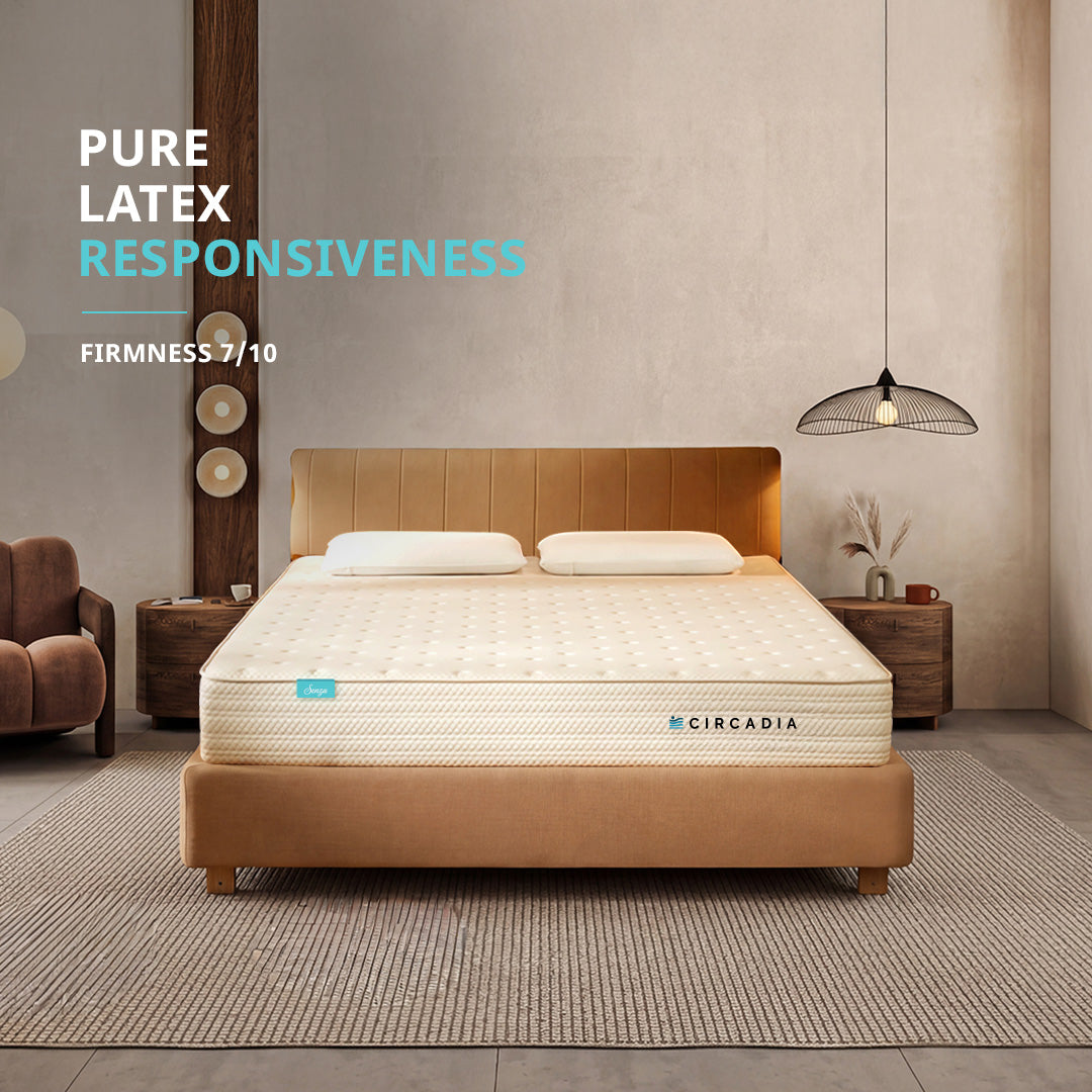 Circadia mattress on a bed in a bedroom setting with 'Pure Latex Responsiveness' text.
