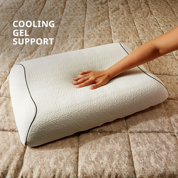 White cooling gel support pillow on a bed with a hand pressing down, text 'Cooling Gel Support' above.