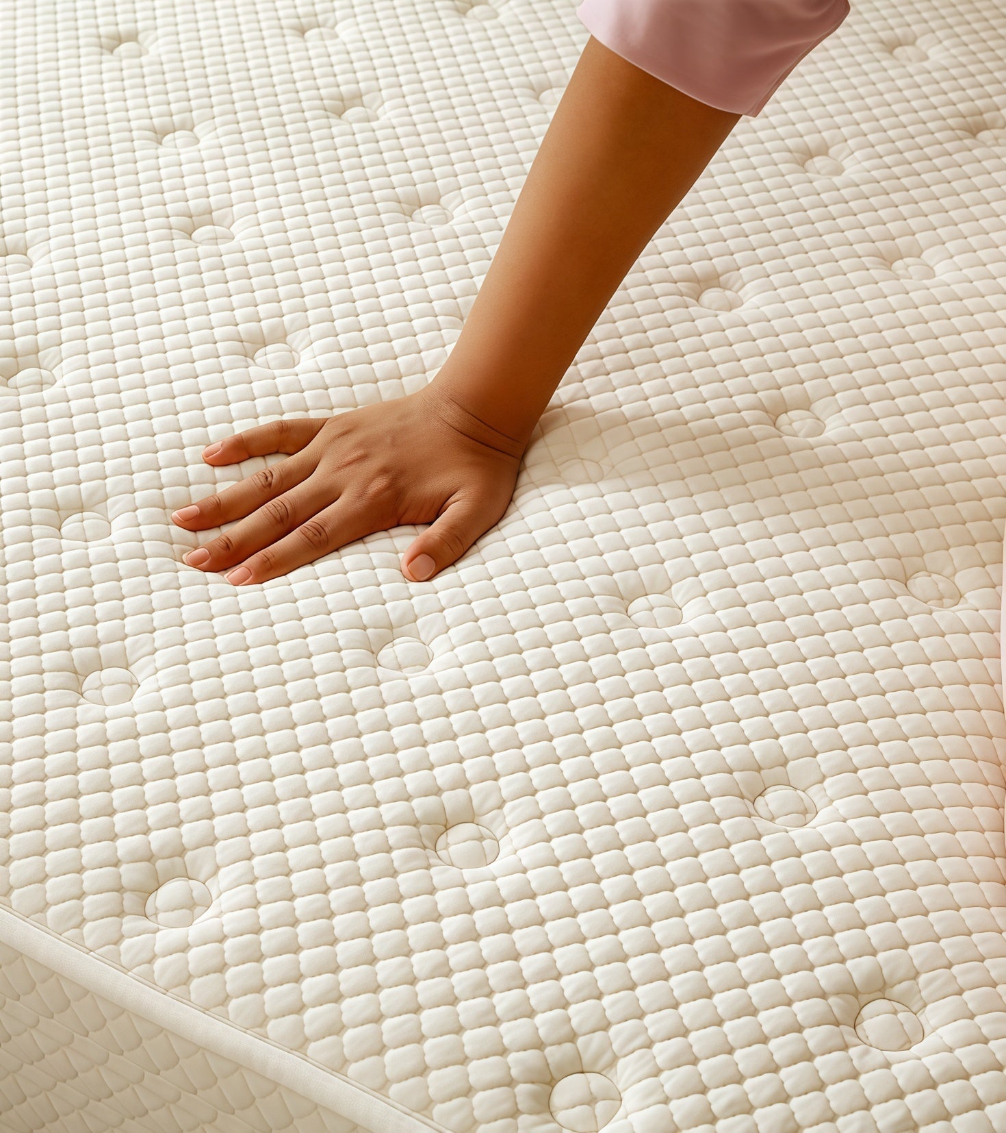 Hand touching a mattress to check its firmness