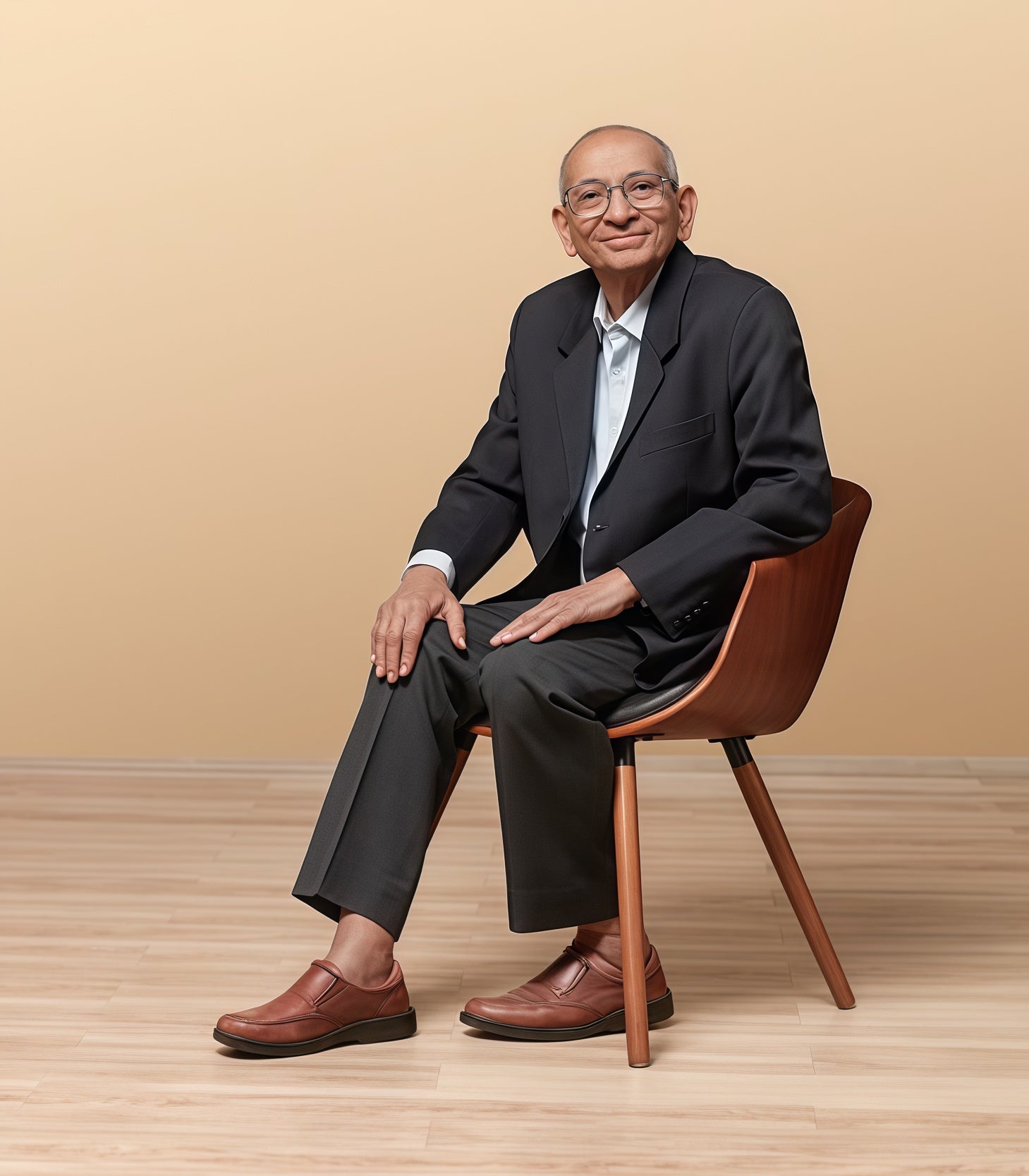 Man in a suit sitting on a wooden chair against a beige wall.