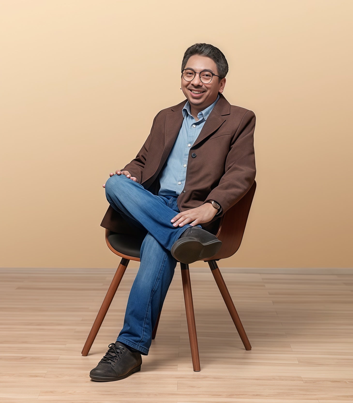 Man sitting on a chair wearing a brown coat, blue jeans, and black shoes against a beige background