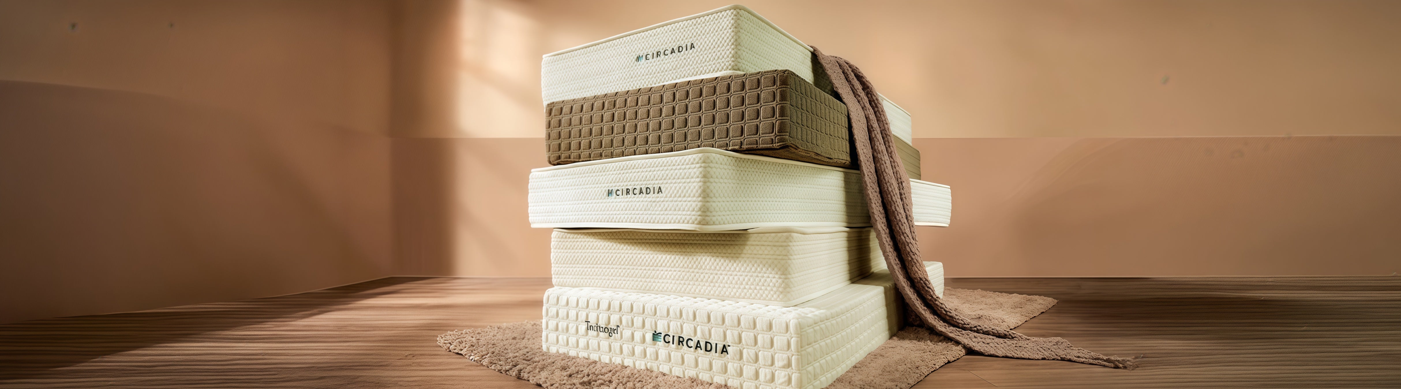 Stack of white boxes with text on a wooden surface and brown background