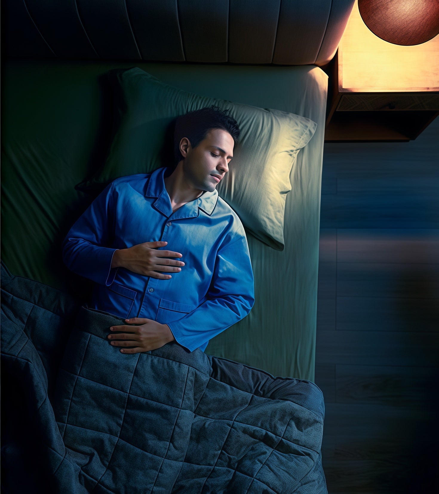 Man in blue pajamas lying in bed with a pillow featuring a face design.