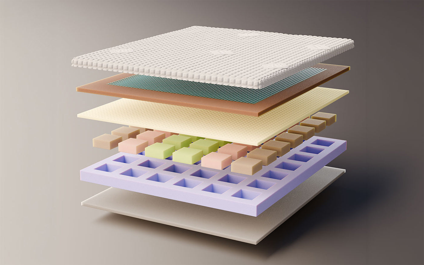Layered illustration of a mattress with different materials and designs.