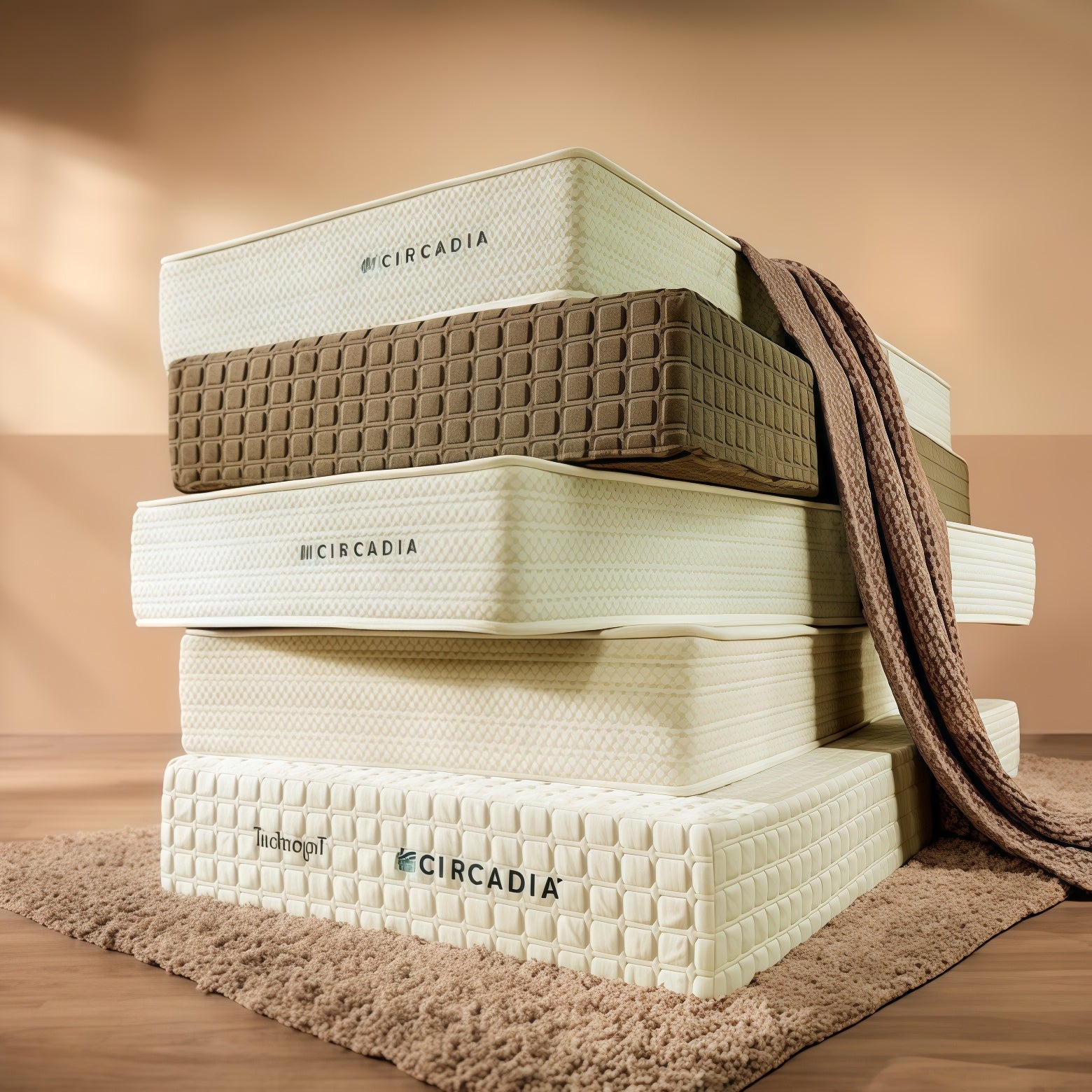 Stack of Circadia mattresses on a wooden floor with a brown rug.