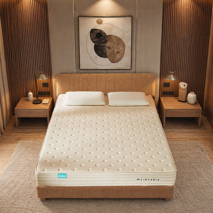 Beige bed with Circadia mattress in a bedroom setting