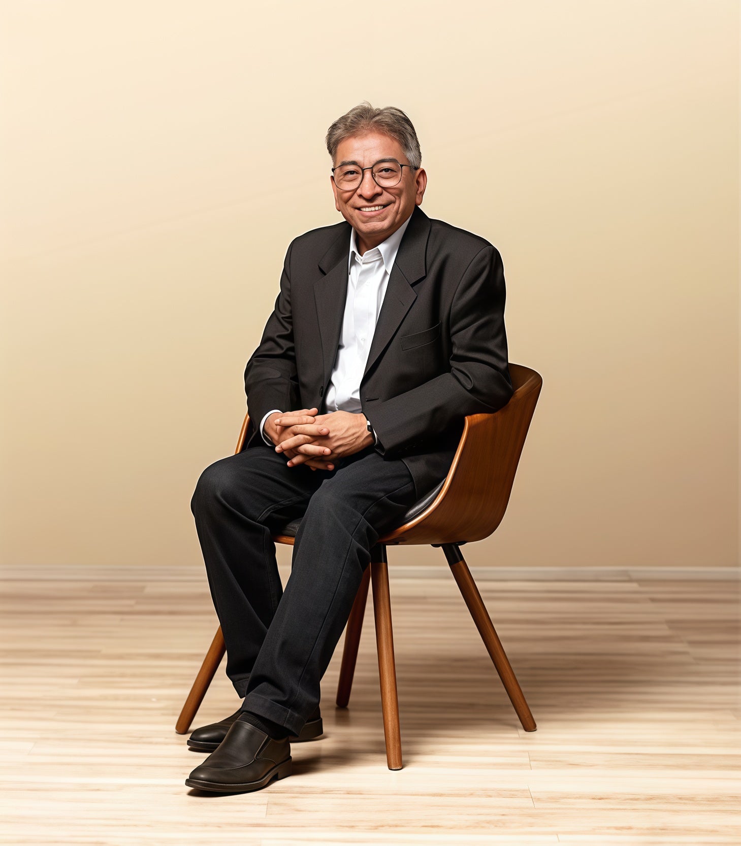 Man in a suit sitting on a wooden chair against a beige background