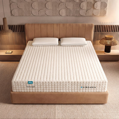 Beige mattress on a bed with 'Circadia' branding in a bedroom setting.