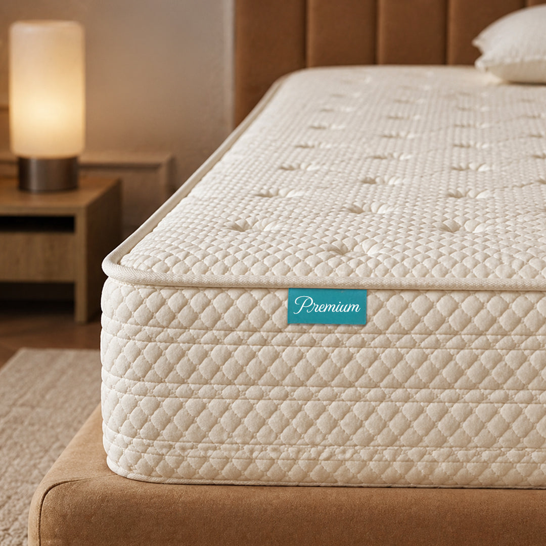 Beige mattress with a 'Premium' label on a bed in a bedroom setting.