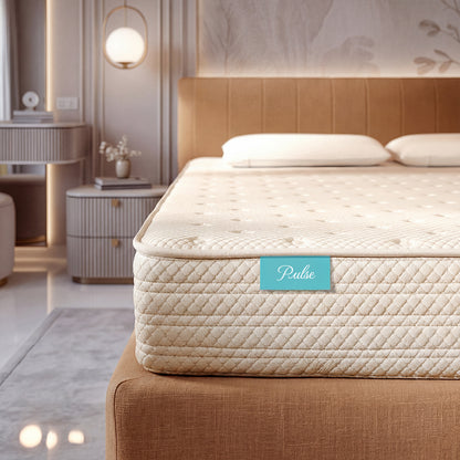 Mattress with a brand label on a bed in a bedroom setting