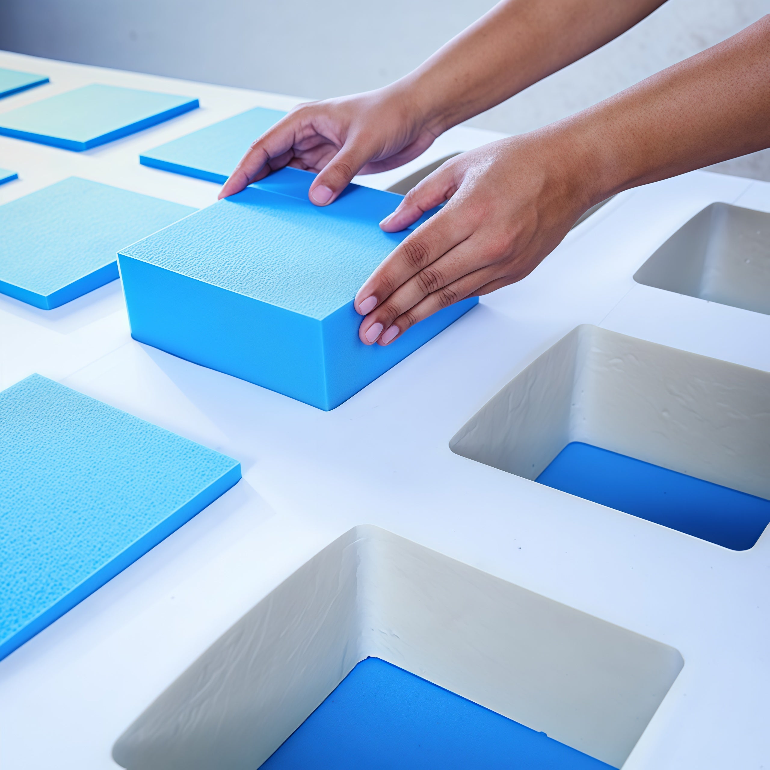 Hands interacting with blue foam blocks on a white surface