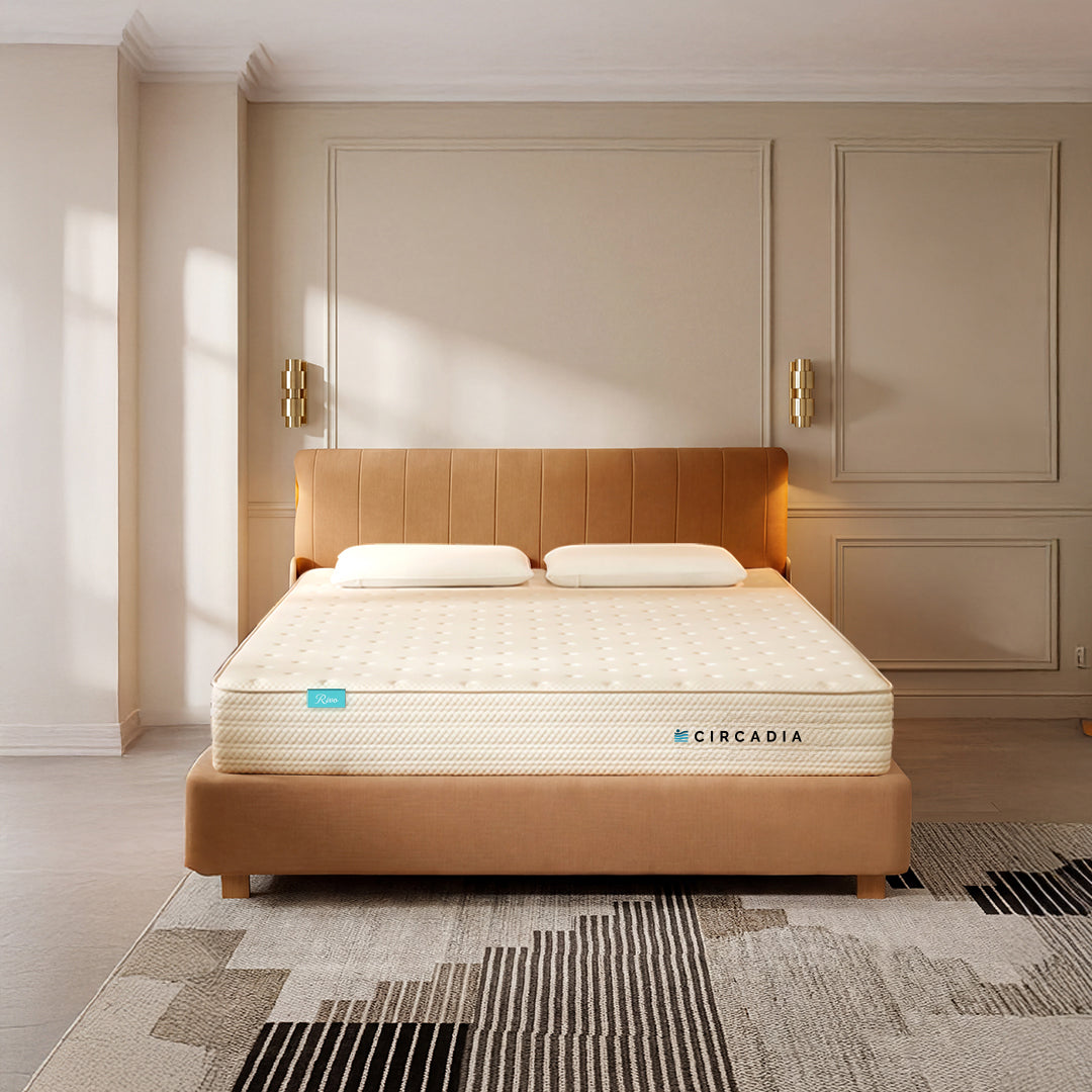Beige bed with Circadia mattress in a bedroom setting