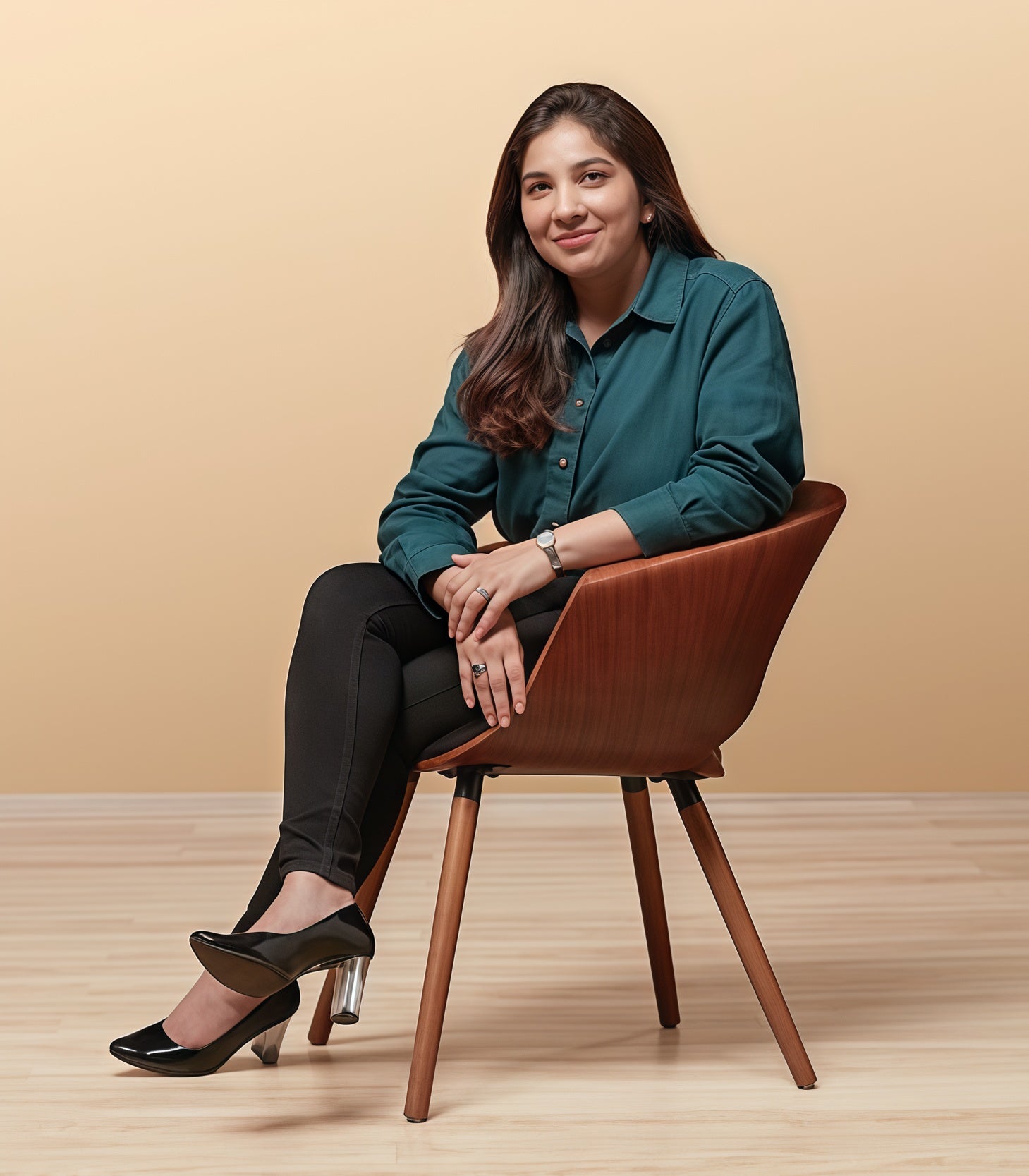 Woman sitting on a brown chair against a beige background