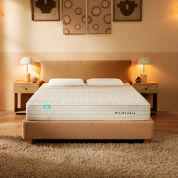 Beige bed with Circadia mattress in a bedroom setting