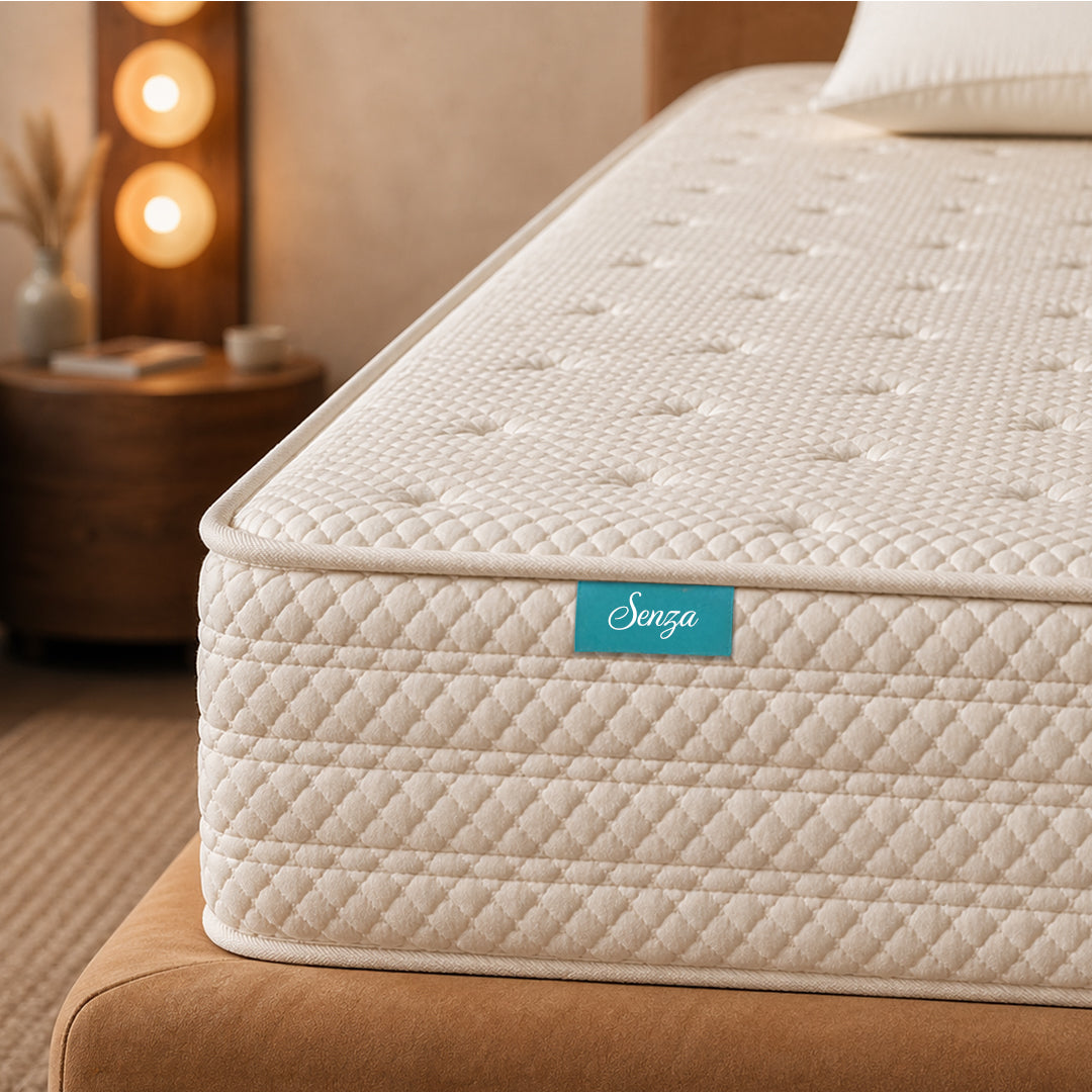 Beige mattress with a 'Senzia' tag on a bed in a bedroom setting