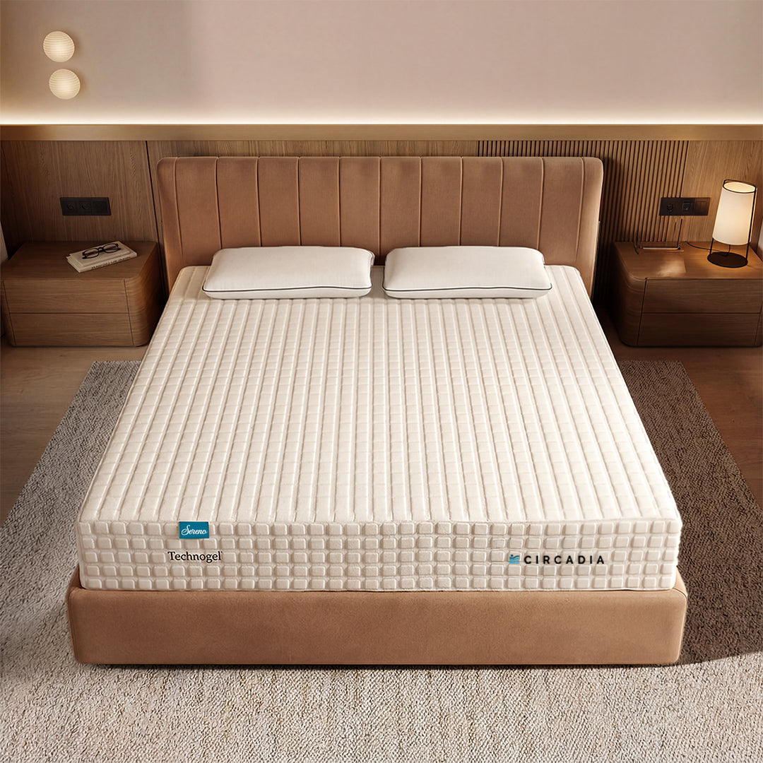 Mattress on a bed in a bedroom setting with 'Circadia' branding.
