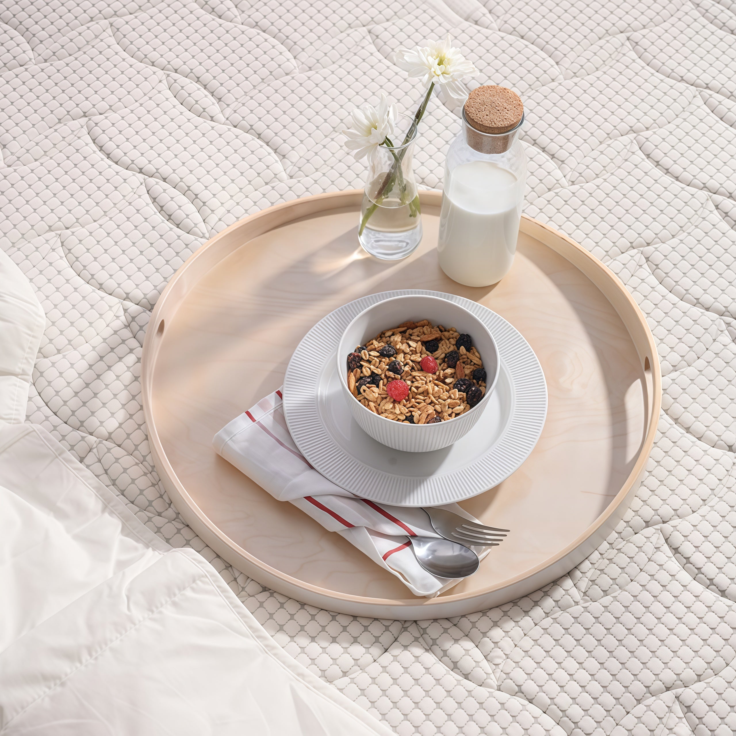 Bowl of cereal with milk and berries on a tray over a textured white surface