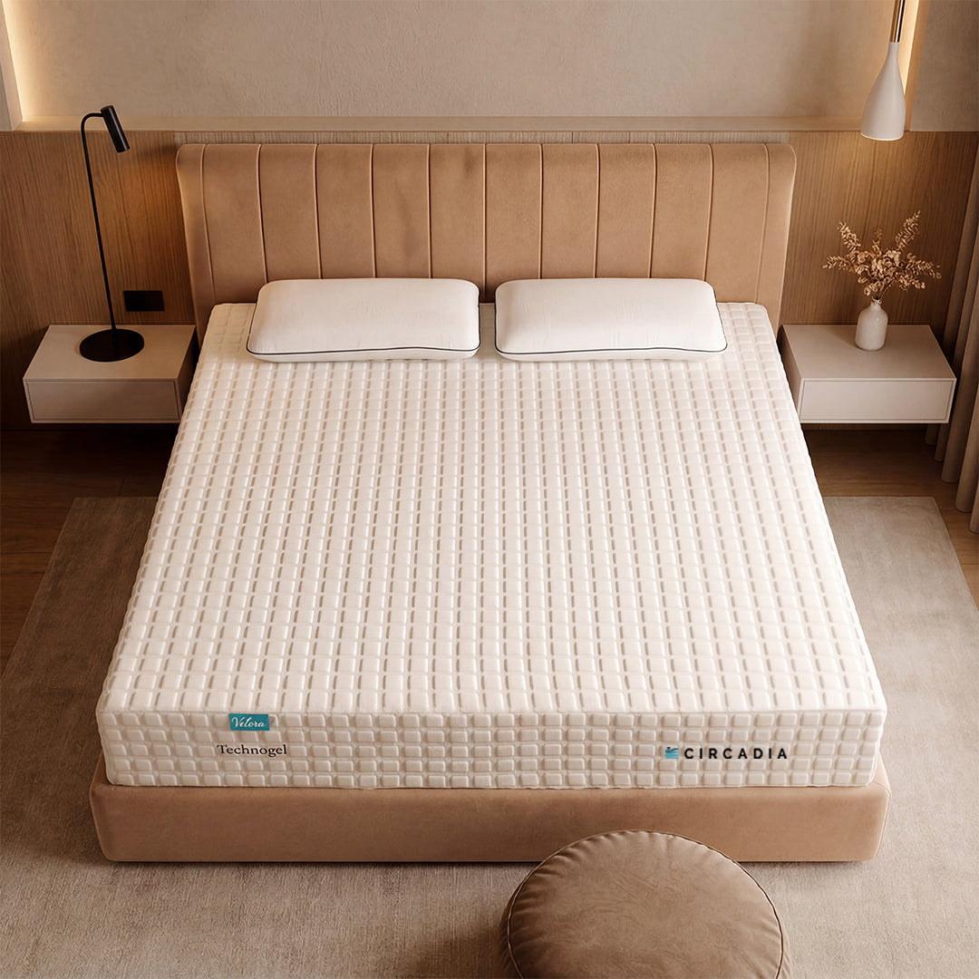 Beige mattress with 'Circadia' branding in a bedroom setting